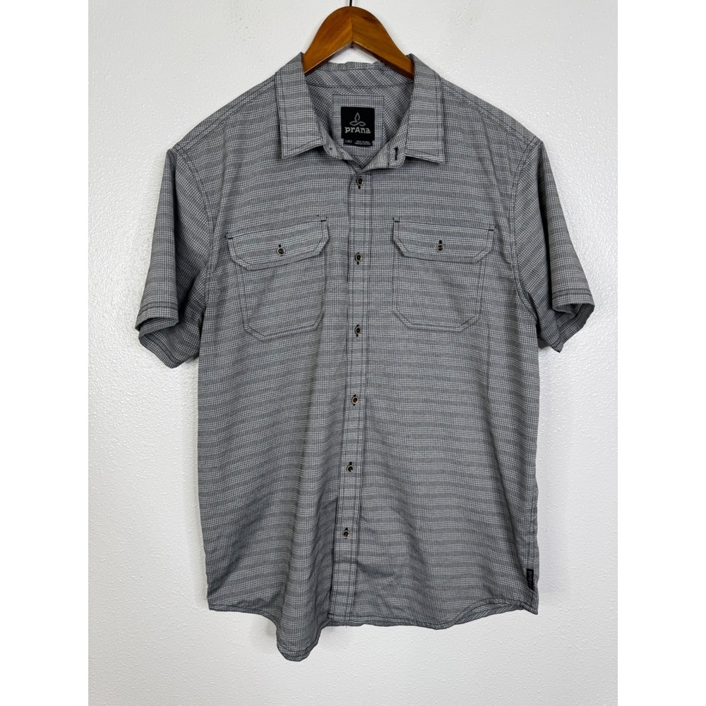 Prana Mens Large Grey Micro Plaid Short Sleeve Button Down Hiking‎ Shirt LRG